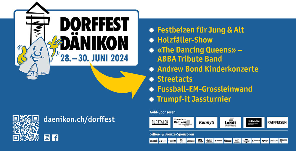 Plakat Dorffest Dänikon 2024 mit Haupt-Attraktionen